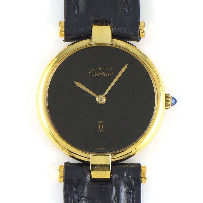 カルティエ Cartier 腕時計 ヴェルメイユ マストヴァンドーム SM ブラック文字盤 カーフレザーベルト GP SV925 クオーツアナログ
