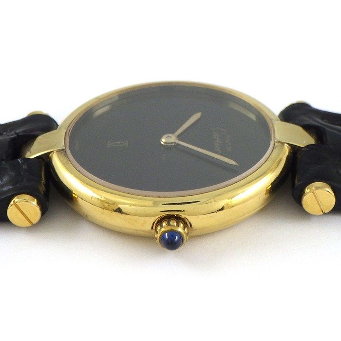 カルティエ Cartier 腕時計 ヴェルメイユ マストヴァンドーム SM ブラック文字盤 カーフレザーベルト GP SV925 クオーツアナログ