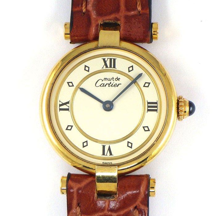 カルティエ Cartier 腕時計 マストヴァンドーム SM 590004 アイボリー文字盤 ローマンインデックス ブラウン カーフレザーベルト GP SV925 クオーツアナログ