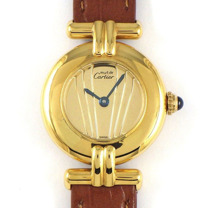 カルティエ Cartier 腕時計 マスト コリゼ 590002 ゴールド文字盤 GP SV925 ブラウン レザーベルト クオーツアナログ