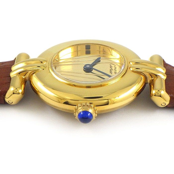 カルティエ Cartier 腕時計 マスト コリゼ 590002 ゴールド文字盤 GP SV925 ブラウン レザーベルト クオーツアナログ