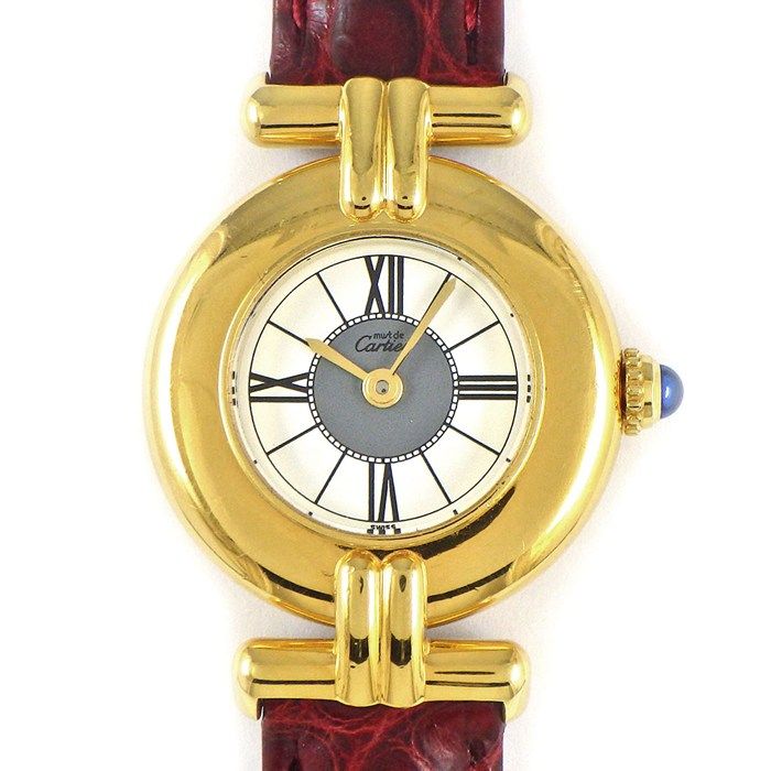 カルティエ Cartier 腕時計 マスト コリゼ SM 590002 W1004354 ヴェルメイユ ホワイト|グレー文字盤 GP SV925 レッド アリゲーター レザーベルト クオーツアナログ