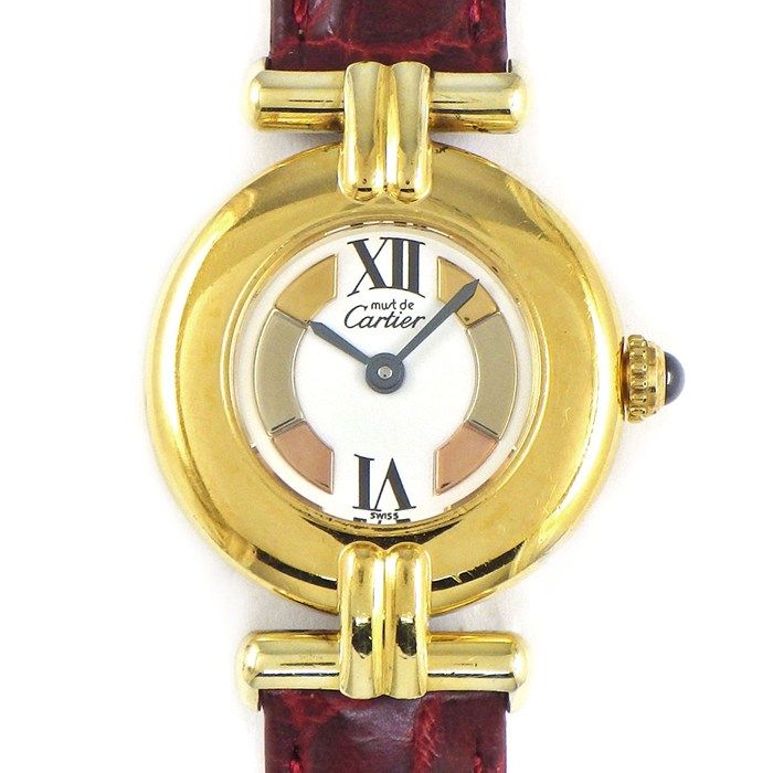 カルティエ Cartier 腕時計 マスト コリゼ 590002 W1006654 ヴェルメイユ スリーカラー文字盤 GP SV925 レッド アリゲーター レザーベルト クオーツアナログ