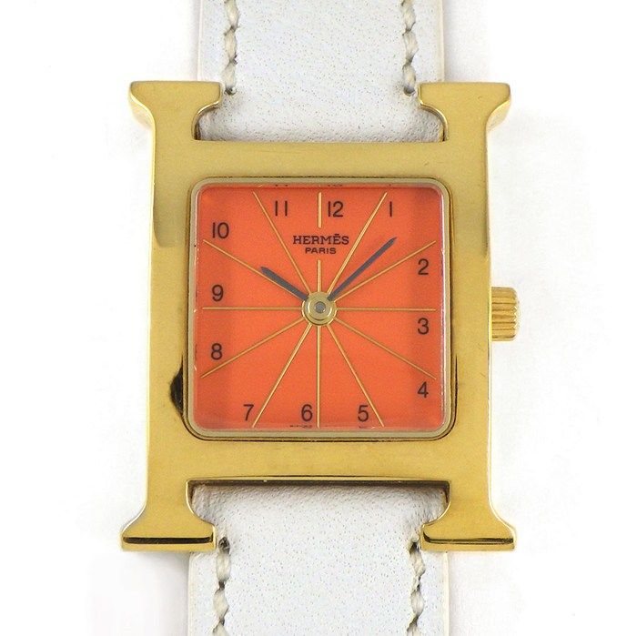 エルメス HERMES 腕時計 Hウォッチ HH1.201 スクエア オレンジ文字盤 GP SS ホワイト ヴォー エプソン レザーベルト クオーツアナログ