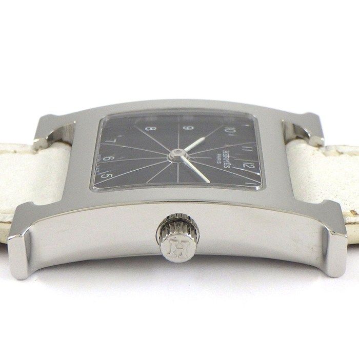 エルメス HERMES 腕時計 Hウォッチ HH1.210 スクエア ブラック ギョーシェ文字盤 SS ホワイト ヴォー エプソン レザーベルト クオーツアナログ