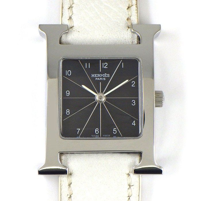 エルメス HERMES 腕時計 Hウォッチ HH1.210 スクエア ブラック ギョーシェ文字盤 SS ホワイト ヴォー エプソン レザーベルト クオーツアナログ