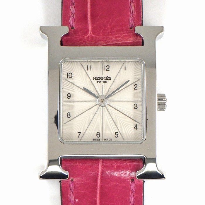 エルメス HERMES 腕時計 Hウォッチ HH1.210 スクエア アイボリー ギョーシェ文字盤 SS ピンク アリゲーター レザーベルト クオーツアナログ