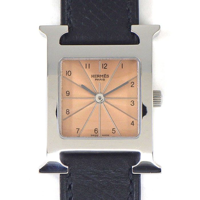 エルメス HERMES 腕時計 Hウォッチ HH1.210 スクエア コーラル ピンク ギョーシェ文字盤 SS ブラック ヴォー エプソン レザーベルト クオーツアナログ 箱 保付き