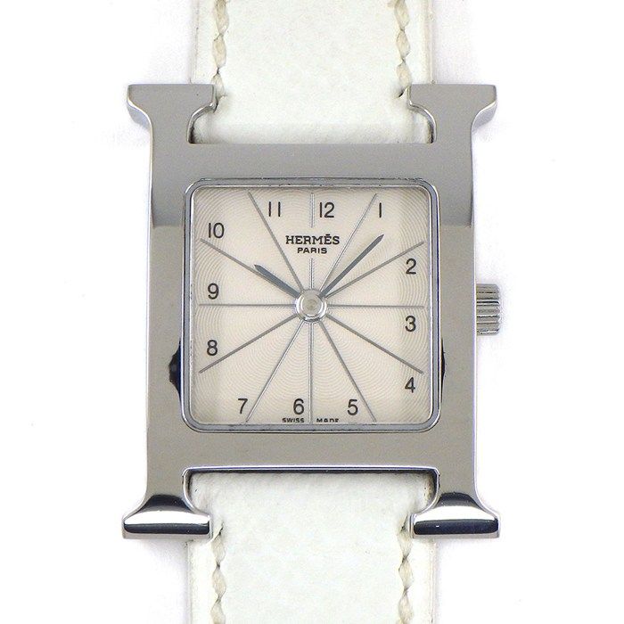 エルメス HERMES 腕時計 Hウォッチ HH1.210 スクエア アイボリー ギョーシェ文字盤 SS ホワイト ヴォー エプソン レザーベルト クオーツアナログ 箱 保付き