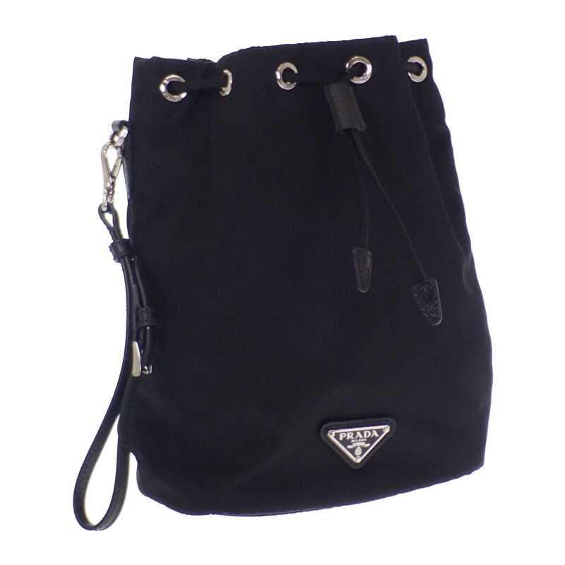 プラダ PRADA Re-Nylon 1NS369 ポーチ 巾着型 ハンドポーチ ナイロン ブラック シルバー金具 レディース Aランク