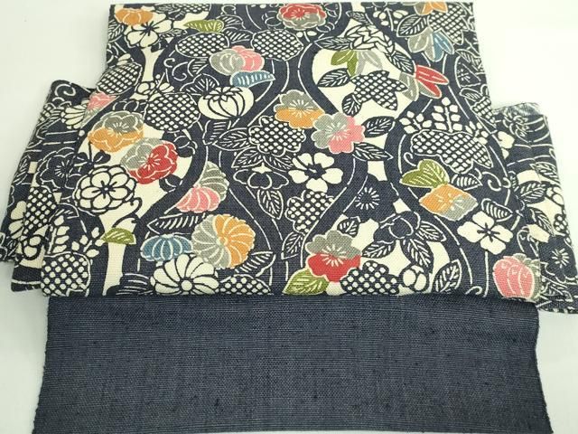 平和屋着物 上 和染紅型 栗山紅型 栗山吉三郎 つけ帯 紬地 立涌花文 DZAB0024kh5