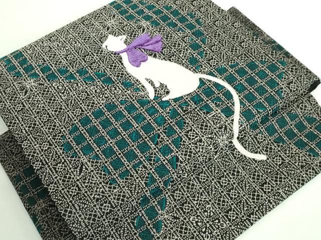 平和屋着物 上 ワンタッチつけ帯 モール 白猫 リボン 黒地 さが美扱い DZAB0025kh5