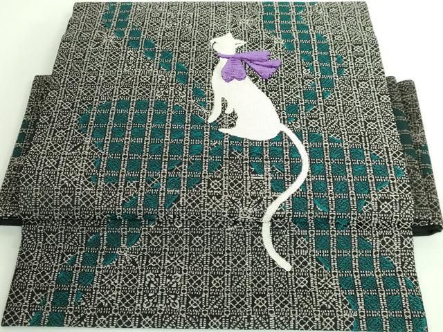 平和屋着物 上 ワンタッチつけ帯 モール 白猫 リボン 黒地 さが美扱い DZAB0025kh5