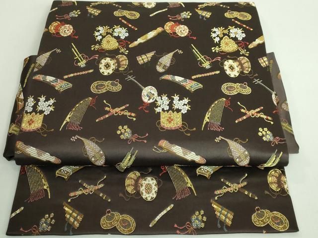平和屋着物 上 田中工芸織物 祥園謹製 つけ帯 唐織 楽器花文 赤墨色地 金糸 三越扱い DZAB0038kh5