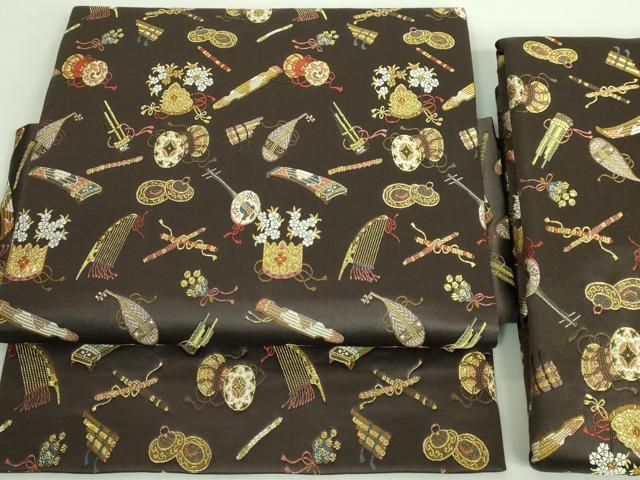 平和屋着物 上 田中工芸織物 祥園謹製 つけ帯 唐織 楽器花文 赤墨色地 金糸 三越扱い DZAB0038kh5