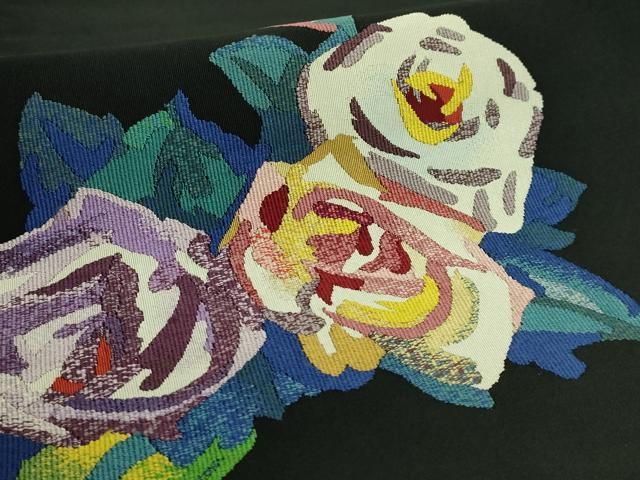平和屋着物■極上　爪掻き本綴れ　八寸名古屋帯　薔薇　バラ　黒地　金銀糸　逸品　DZAB0046kh5 平和屋着物□極上 爪掻き本綴れ 八寸名古屋帯 薔薇 バラ 黒地