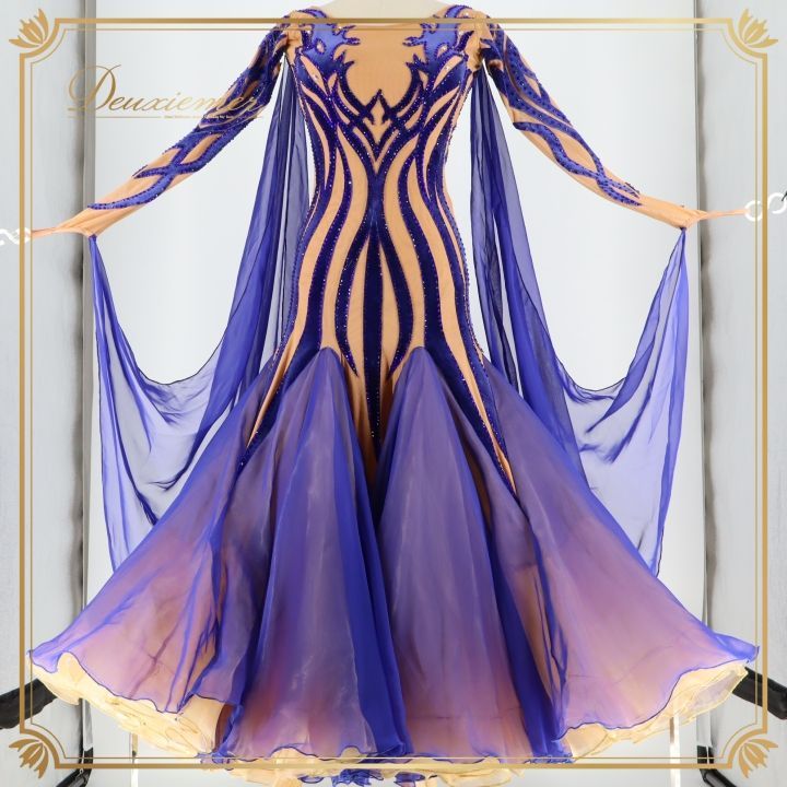 社交ダンス 衣装 ドレス ワンピース ドレス 青 紫 フロート ベロア デモ 競技 ダンス パーティ 発表会 感 上品 ベージュ ブルー系 ゴージャス 美しい デザイン 競技用 おしゃれ フォーマル イベント用 エレガント