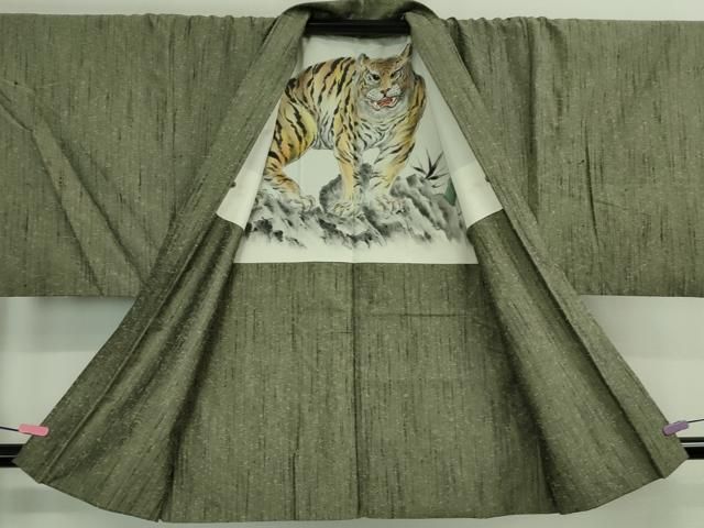 平和屋着物□極上 男性 髭紬 アンサンブル 長羽織 柳茶色地 羽裏・ 