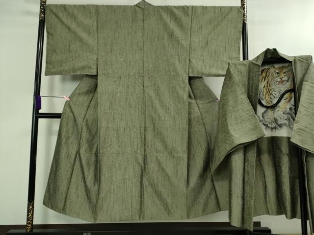平和屋着物 上 男性 髭紬 アンサンブル 長羽織 柳茶色地 羽裏 虎 DZAB0404kh5