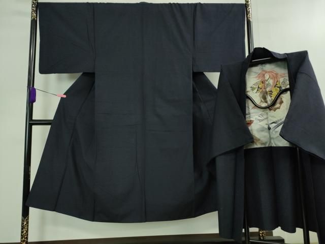 平和屋着物 上 男性 紬 アンサンブル 長羽織 色無地 濃藍色 羽裏 歌舞伎 DZAB0410kh5