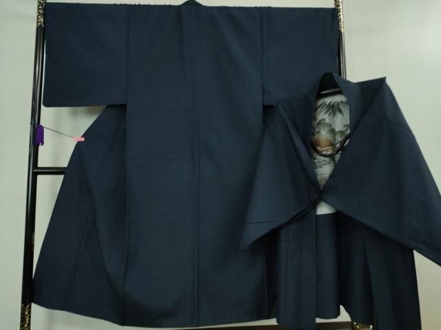 平和屋着物 上 男性 紬 アンサンブル 長羽織 色無地 留紺色 DZAB0411kh5