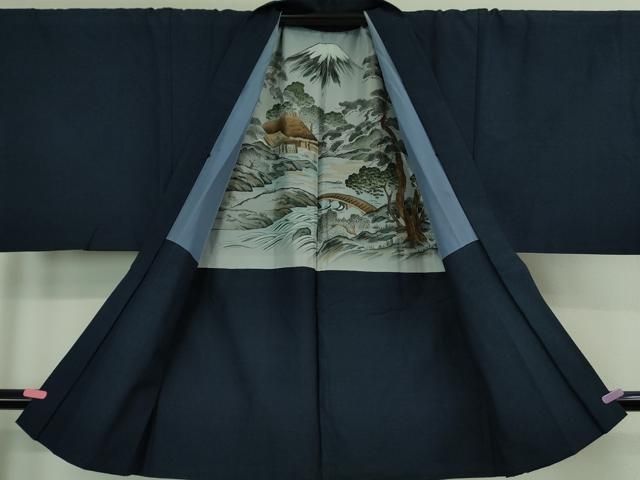 平和屋着物 上 男性 紬 アンサンブル 長羽織 色無地 留紺色 kh 5