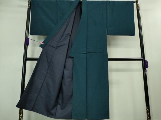 平和屋着物 上 男性 紬 アンサンブル 長羽織 色無地 藍色 羽裏 笹竹に雀 kh 5