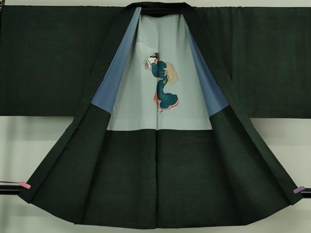 平和屋着物□極上 男性 紬 アンサンブル 長羽織 色無地 黒緑色 逸品