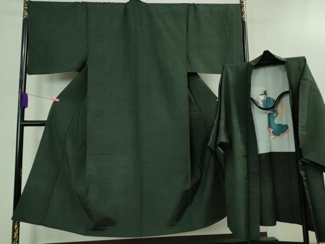 平和屋着物 上 男性 紬 アンサンブル 長羽織 色無地 黒緑色 DZAB0413kh5