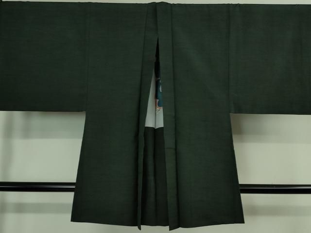 平和屋着物□極上 男性 紬 アンサンブル 長羽織 色無地 黒緑色 逸品