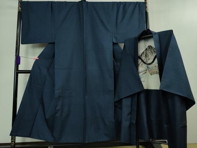 平和屋着物 上 男性 本場大島紬 アンサンブル キングサイズ 長羽織 100亀甲 総詰め 濃藍色 DZAB0416kh5