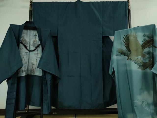 平和屋着物 上 男性 お召 アンサンブル 長襦袢 無双仕立て 長羽織セット 青藍色 DZAB0418kh5