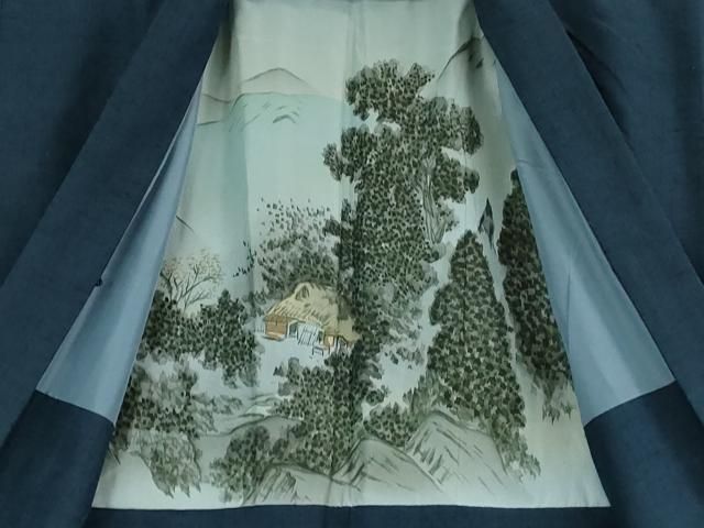 平和屋着物□極上 男性 紬 アンサンブル 長羽織 色無地 濃藍色 逸品 