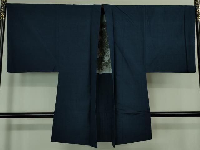 メンズ 平和屋着物□極上 男性 紬 アンサンブル 長羽織 色無地 濃藍色