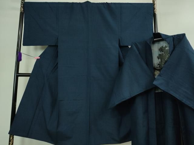 平和屋着物 上 男性 紬 アンサンブル 長羽織 色無地 濃藍色 DZAB0425kh5