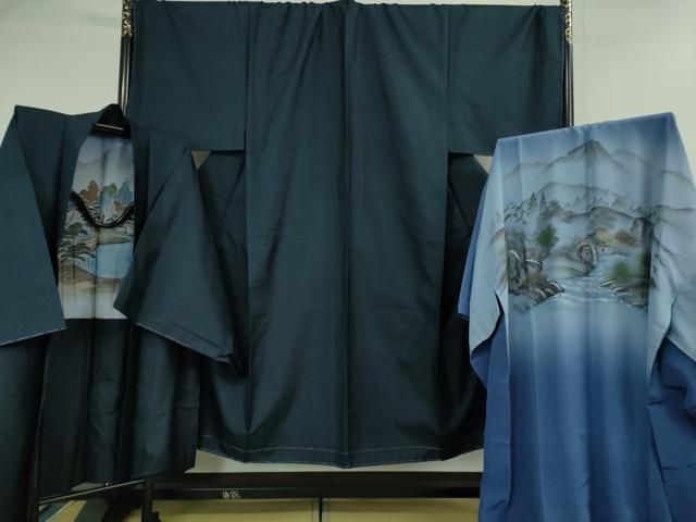 平和屋着物 上 男性 本場大島紬 アンサンブル キングサイズ 長襦袢 袷 長羽織セット 濃藍色 DZAB0428kh5