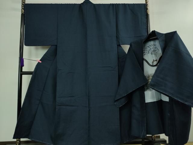 平和屋着物 上 男性 紬 アンサンブル キングサイズ 長羽織 100亀甲 総詰め 濃藍色 羽裏 鷹 ♥ DZAB0434kh5