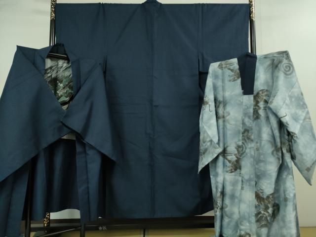 平和屋着物 上 男性 紬 アンサンブル 長襦袢 無双仕立て 長羽織セット 100亀甲 総詰め 濃藍色 羽裏 龍 DZAB0439kh5