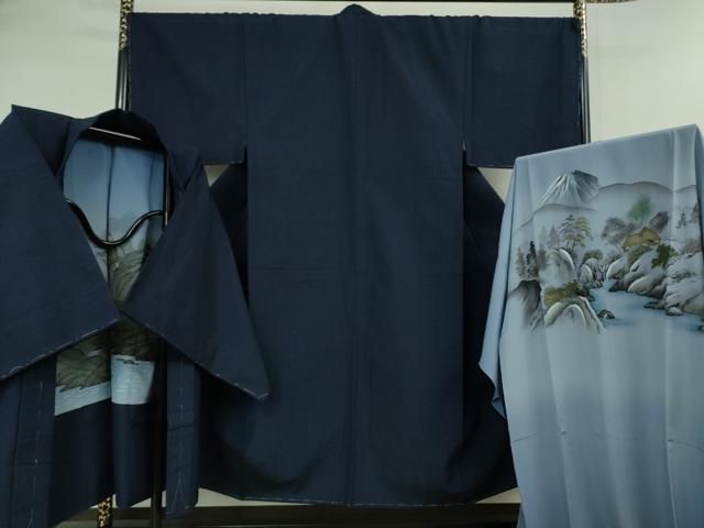 平和屋着物 上 男性 紬 アンサンブル キングサイズ 長襦袢 袷 長羽織セット 濃藍色 ♥ DZAB0442kh5