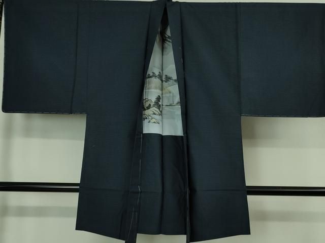 平和屋着物□極上 男性 紬 アンサンブル 長羽織 色無地 濃藍色 逸品 未