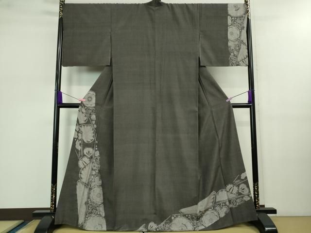 平和屋着物 上 訪問着 紬地 辻が花 葵 消炭色地 DZAB0555kh5