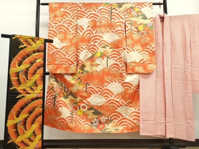 平和屋着物∵女の子 十三参り 子供 祝着 長襦袢 袋帯セット 刺繍 雲取り流水渡橋吉祥花文 金通し地 CAAY6019ze