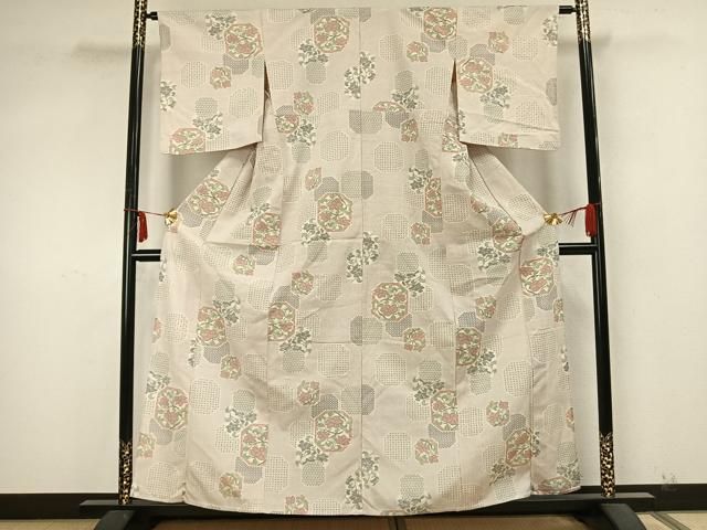 平和屋着物 本塩沢 単衣 亀甲花文 正絹 AABA7692fy