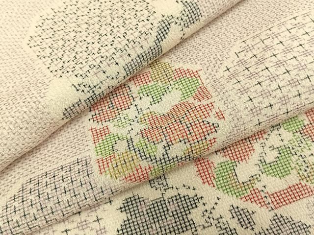 平和屋着物▽本塩沢 単衣 亀甲花文 正絹 AABA7692fy