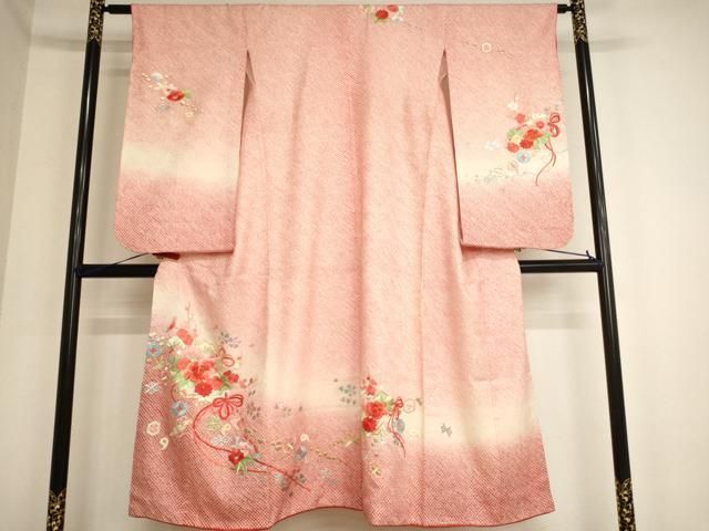 平和屋着物∵女の子 十三参り 子供 祝着 総絞り 駒刺繍 扇面花文 暈し染め 金銀糸 銀彩 正絹 ♥ AABA1124ja
