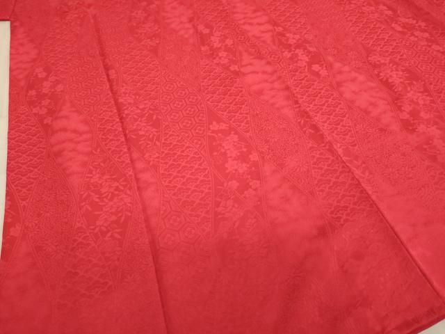  平和屋着物∵女の子 十三参り 子供 祝着 立涌吉祥花地紋 猩々緋色 正絹 ja 着物 着物ドレス 着物 浴衣 和小物