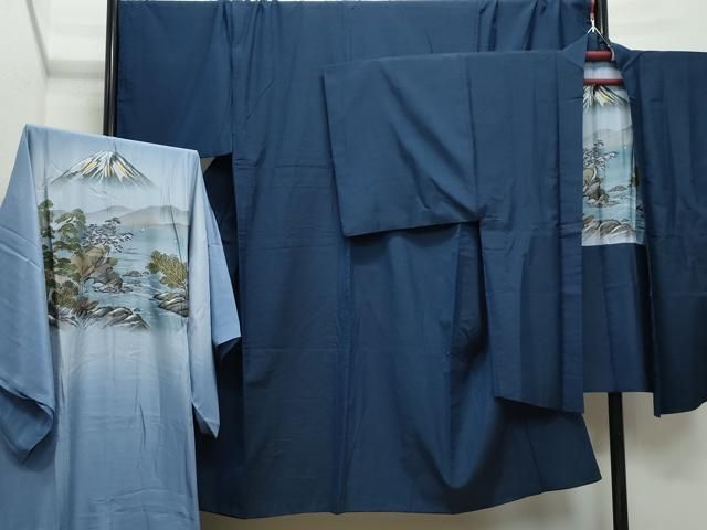 平和屋着物●男性 紬 アンサンブル 長襦袢セット 濃紺色 キングサイズ 正絹 CAAY3011vf