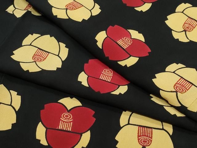 平和屋着物●上質な小紋 型染め 椿 黒地 鬼しぼ縮緬 正絹 CAAY3029vf