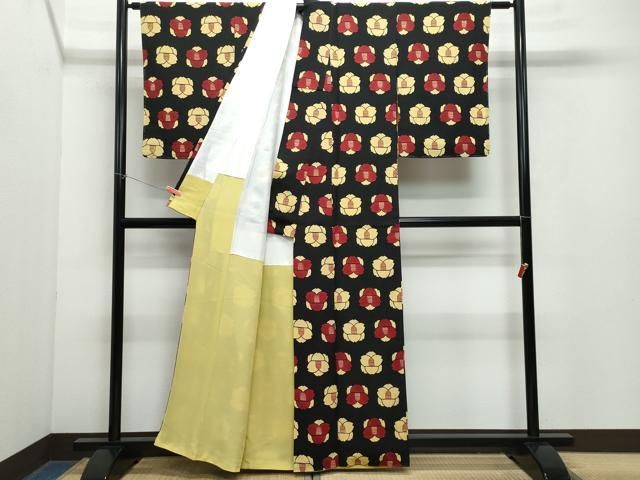 平和屋着物●上質な小紋 型染め 椿 黒地 鬼しぼ縮緬 正絹 CAAY3029vf WWW_NOITHATQUANGTHANH_NET