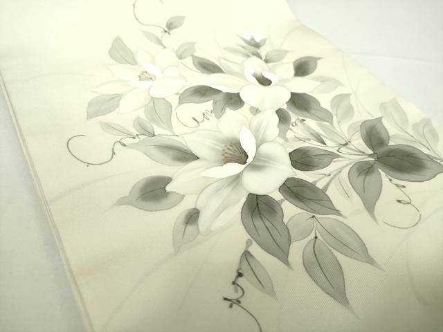 平和屋着物○塩瀬 九寸開き名古屋帯 作家物 手描き 草花文 金彩 正絹